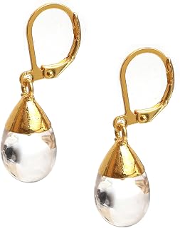 Gempires Natural Clear Quartz 14k Gold Electroplated Dew Drop Leverback Earring, Dangle Earrings for Girls, Gemstone Jewelry (Clear Quartz)