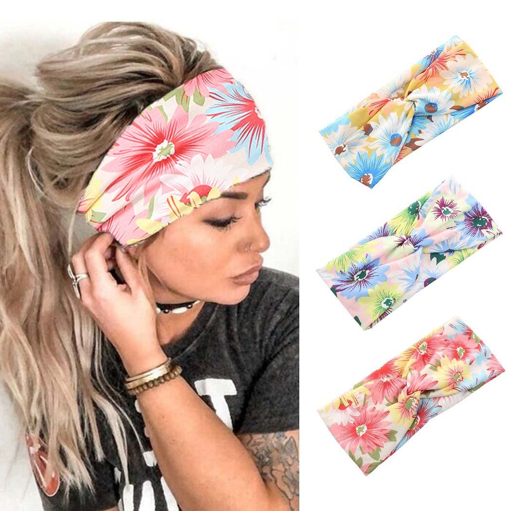 Zoestar Boho Headbands Sun Flower Hair Bands Stretch Cross Head Scarfs Yoga Head band for Women and Girls(Pack of 3)