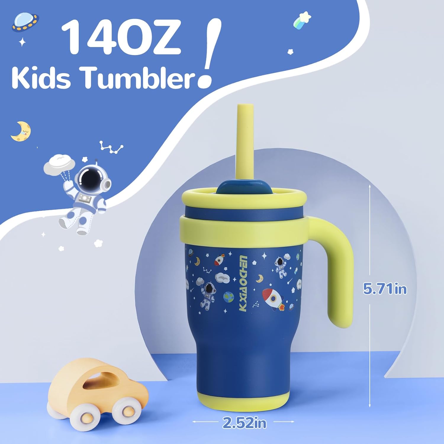 KXIAOCHEN Toddler Tumbler With Straw Spill Proof 14 Oz, Kids Tumbler With Handle Insulated Stainless Steel BPA-Free Keeps Drinks Cold up to 24 Hrs for Travel Cup Holders Outdoors, Navy Blue Spaceman - Image 5