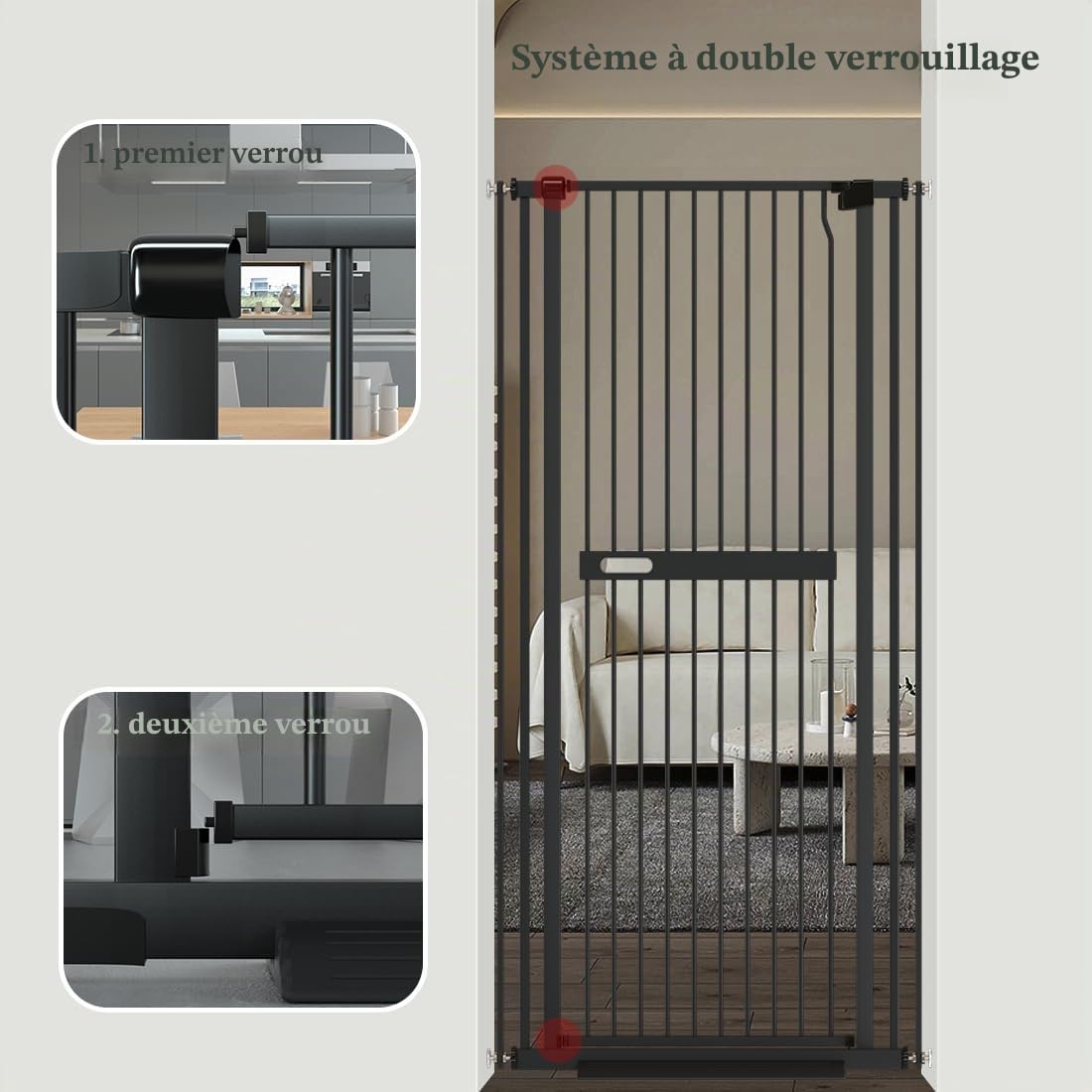 Xifamniy Barrière extra haute et extra large en métal pour chien et chat - Hauteur : 155 cm - Largeur : 76,5 - 92 cm - Montage par pression - Fermeture automatique - Pour encadrements de portes