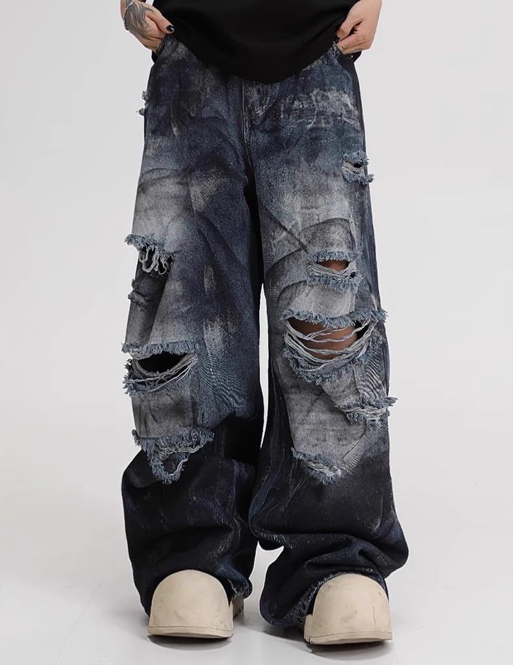 Unisex Y2K Distressed Baggy Wide Leg Jeans for Men Women - Vintage Washed Ripped Denim Streetwear Pants2