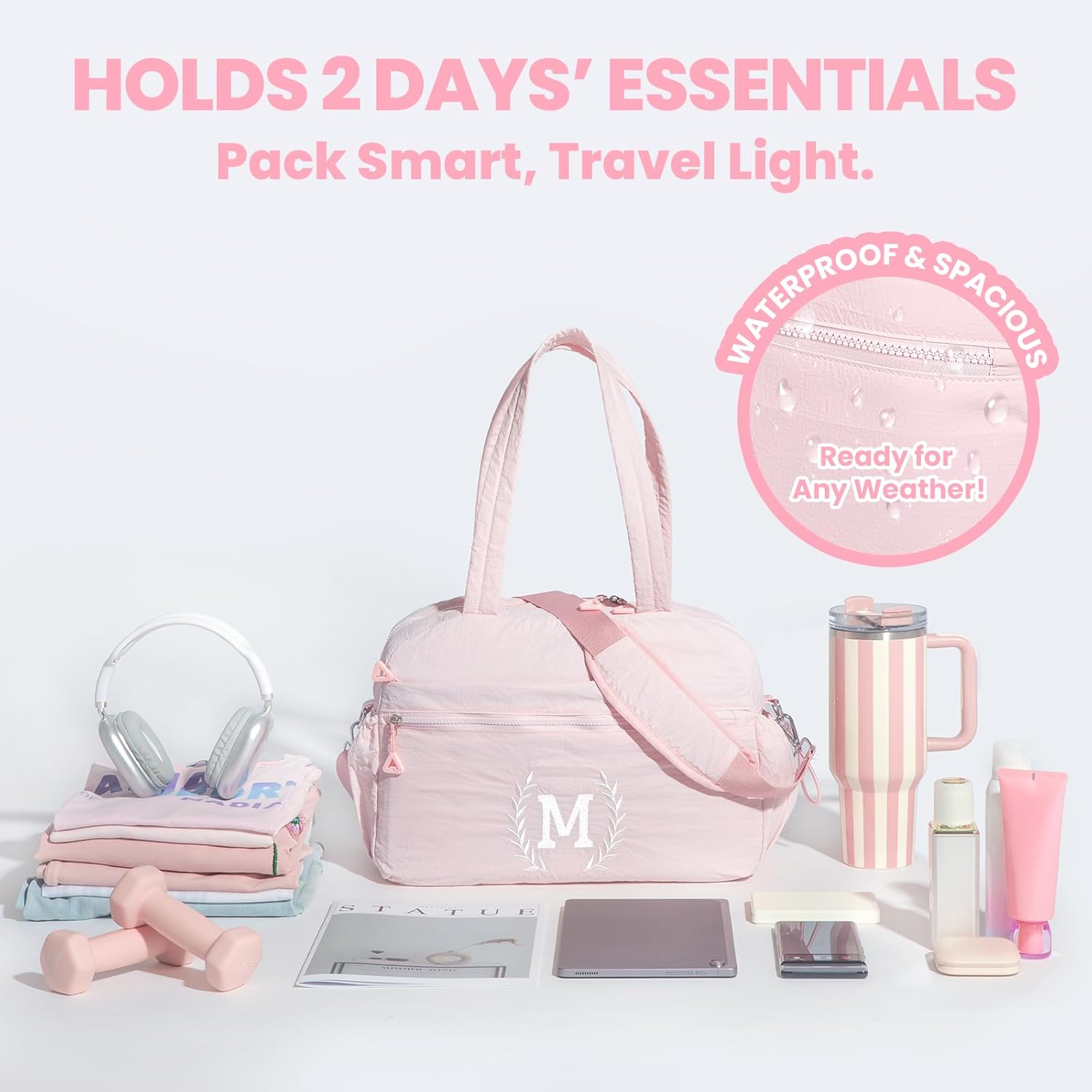 Christmas Gift for Women, Kid & Friend, Initial Girls Duffle Bag, Monogrammed Personalized Overnight Weekender, Birthday Gifts for Teen, Mom, Daughter, Grandmother, Dad (Pink, M) - Image 4