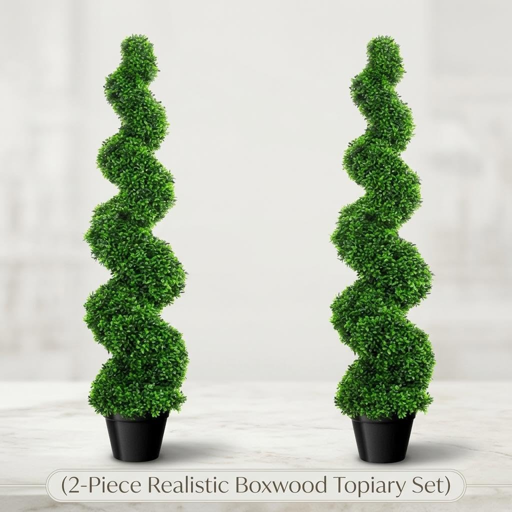 Faux Topiary Trees, 2 Pack Spiral Boxwood Shrub with Rust-Resistant Frame, 38.2 Inch Pre-Assembled Artificial Greenery for Indoor Home Decor with Included Black Planters