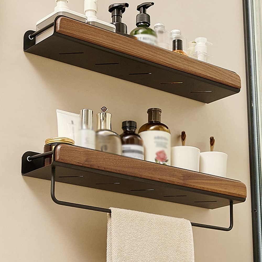 Mensola per Doccia, Mensola da Bagno in Noce, Mensola Organizer, Mensole Sospese, Mensola Rettangolare a Parete, Multifunzionale, Bagni, Cucine, Camera da Letto, con Portasciugamani, Portaogg