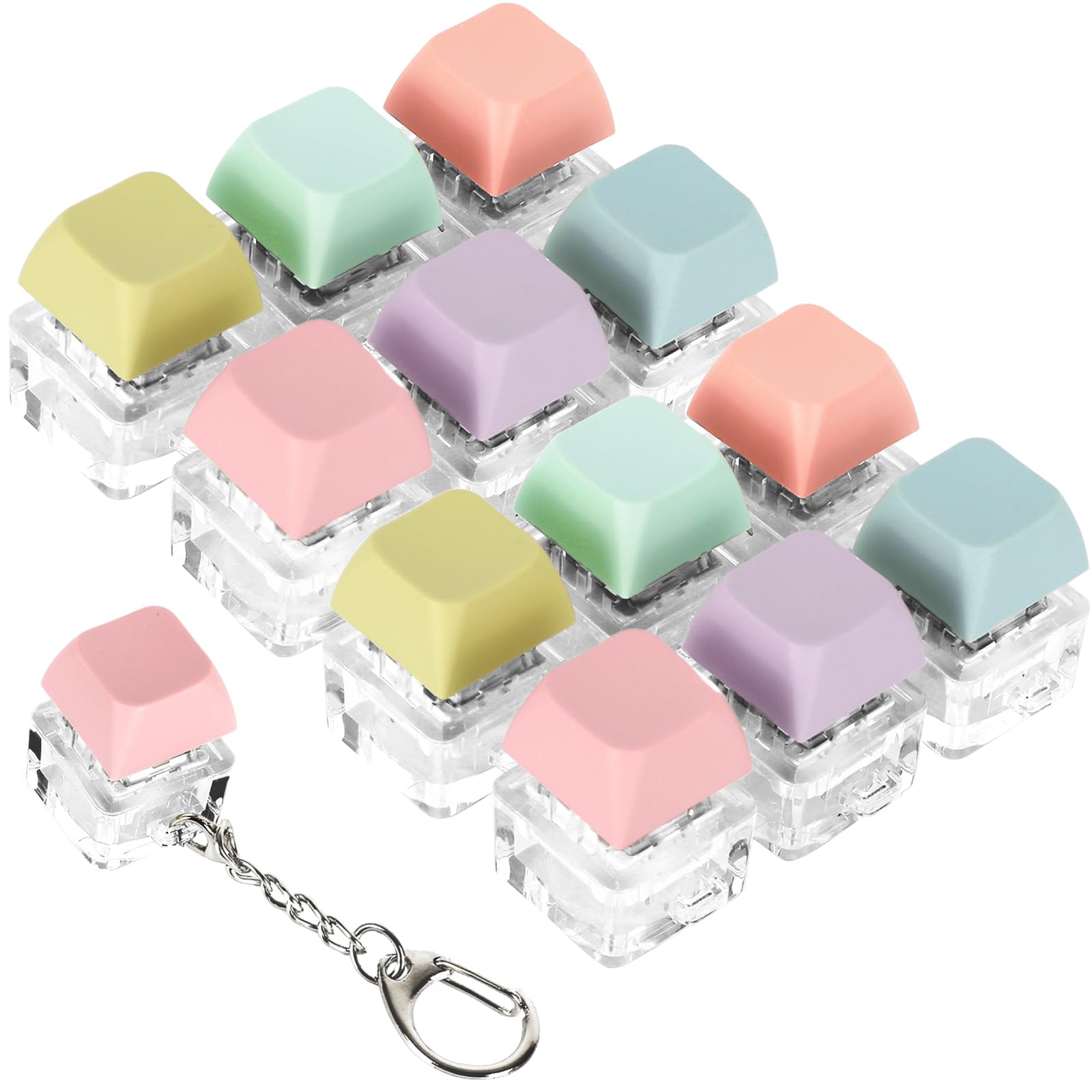 Whaline 12Pcs Keyboard Fidget Toys 6 Pastel Colors Finger Keyboard Key Chains Stress Relief Keycap Keychains for Decompression Gift Backpack Handbag