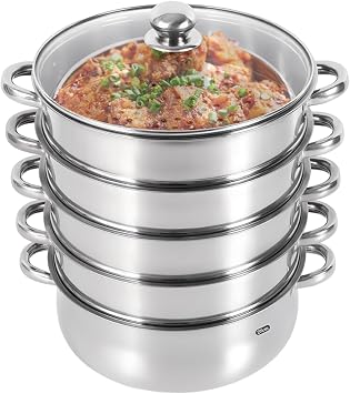 5 Tier Steamer 28cm, Four Steamers and One Base Pot, Stainless Steel Steamer with Glass Lid, Stackable Steamers, Suitable for Induction Cookers, Electric Cookers, Gas Cookers, Etc