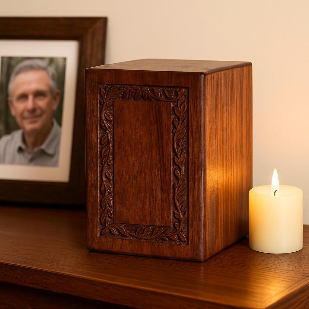 Urna de madera de palisandro hecha a mano para cenizas humanas para adultos, capacidad de 200 pulgadas cúbicas, urna funeraria con borde grabado para cenizas, caja de recuerdo conmemorativa