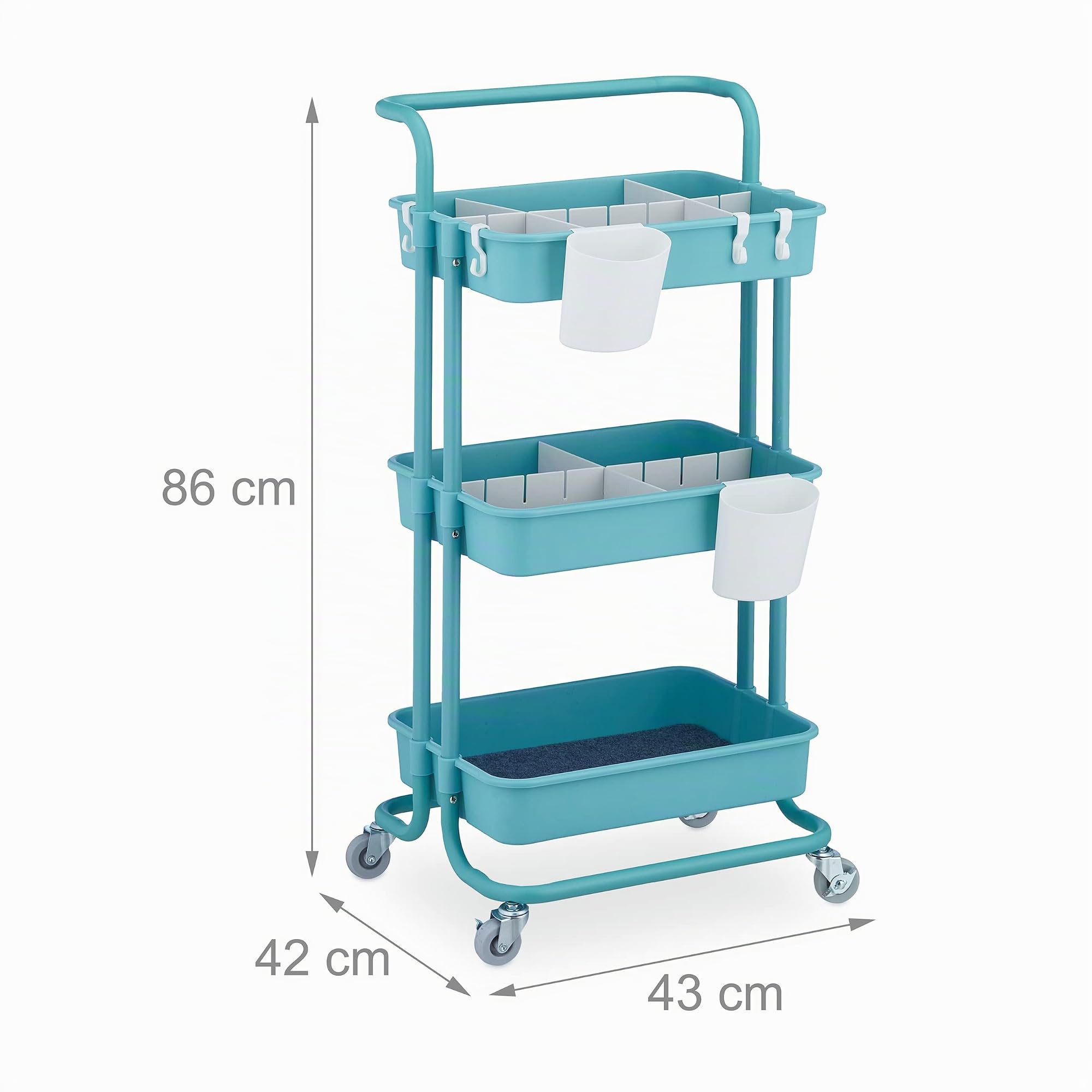 Relaxdays Desserte à roulettes, 3 Niveaux, 2 Freins, Multi-Usage Cuisine et Bureau, métal, HLP : 86x43x42 cm, Turquoise