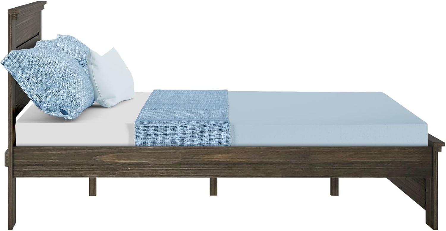 Max & Lily Modern Farmhouse Queen Bed with Panel Headboard, Solid New Zealand Pine Wood Platform Bed, Barnwood Brown Finish