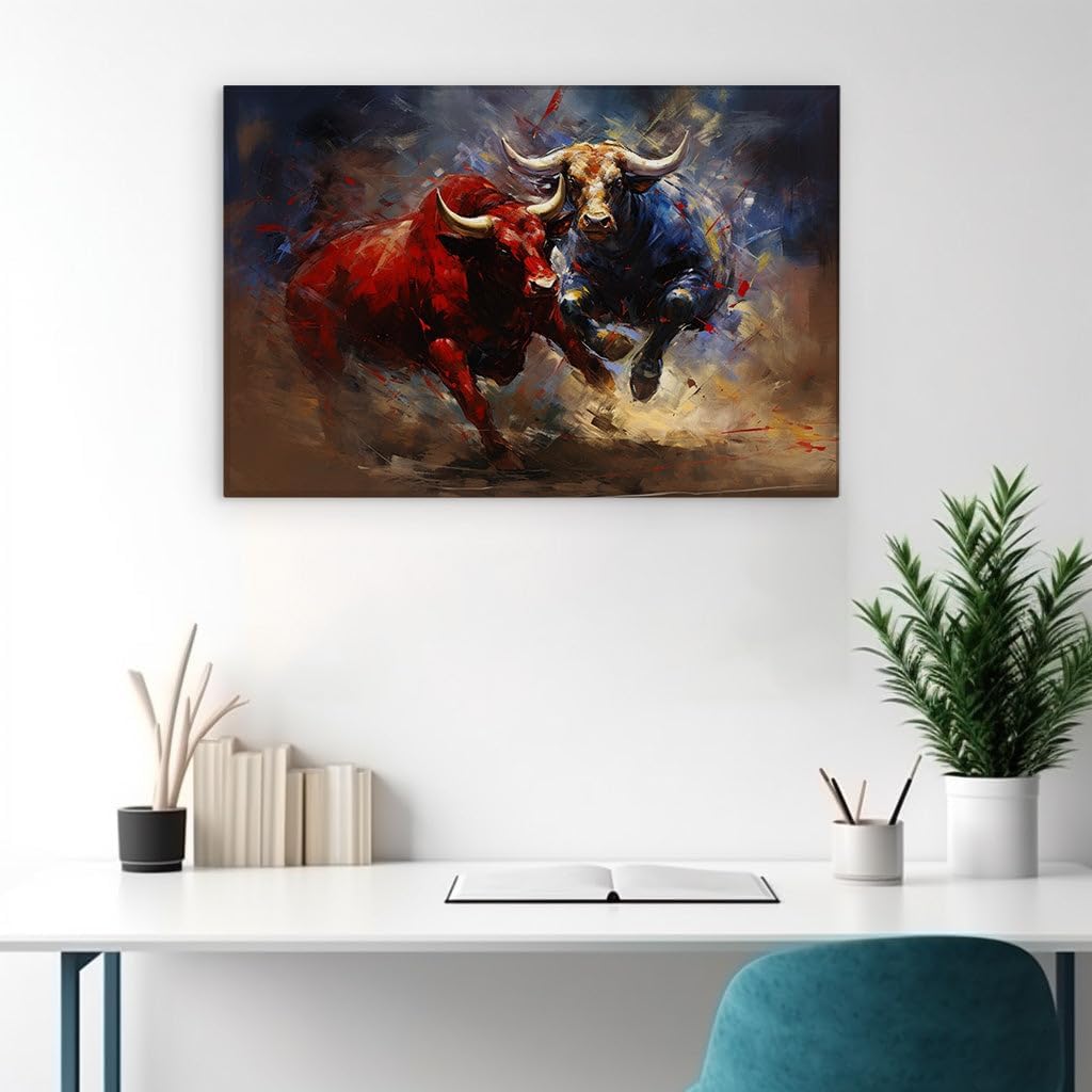 Canvas for Living Room. Charging Bulls in Digital Clash - A Battle of Red and Blue Dominance, 27 x 18 inch Canvas Wall Art - Ready to Hang