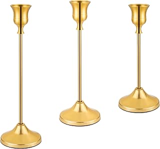 Elegant Gold Taper Candle Holders Set of 3 - Metal Candlestick Holders for Weddings, Christmas, Table Centerpieces & Home Decor