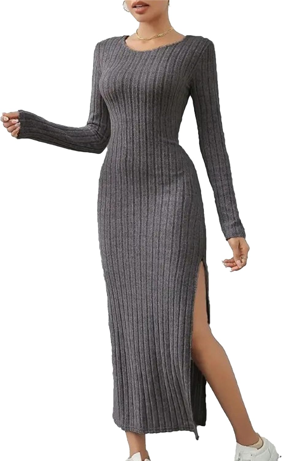 Women's Fall Long Sleeve Sweater Dress Casual Ribbed Knit Slim Fit Elegant Maxi Dresses Crew Neck Side Slit Bodycon