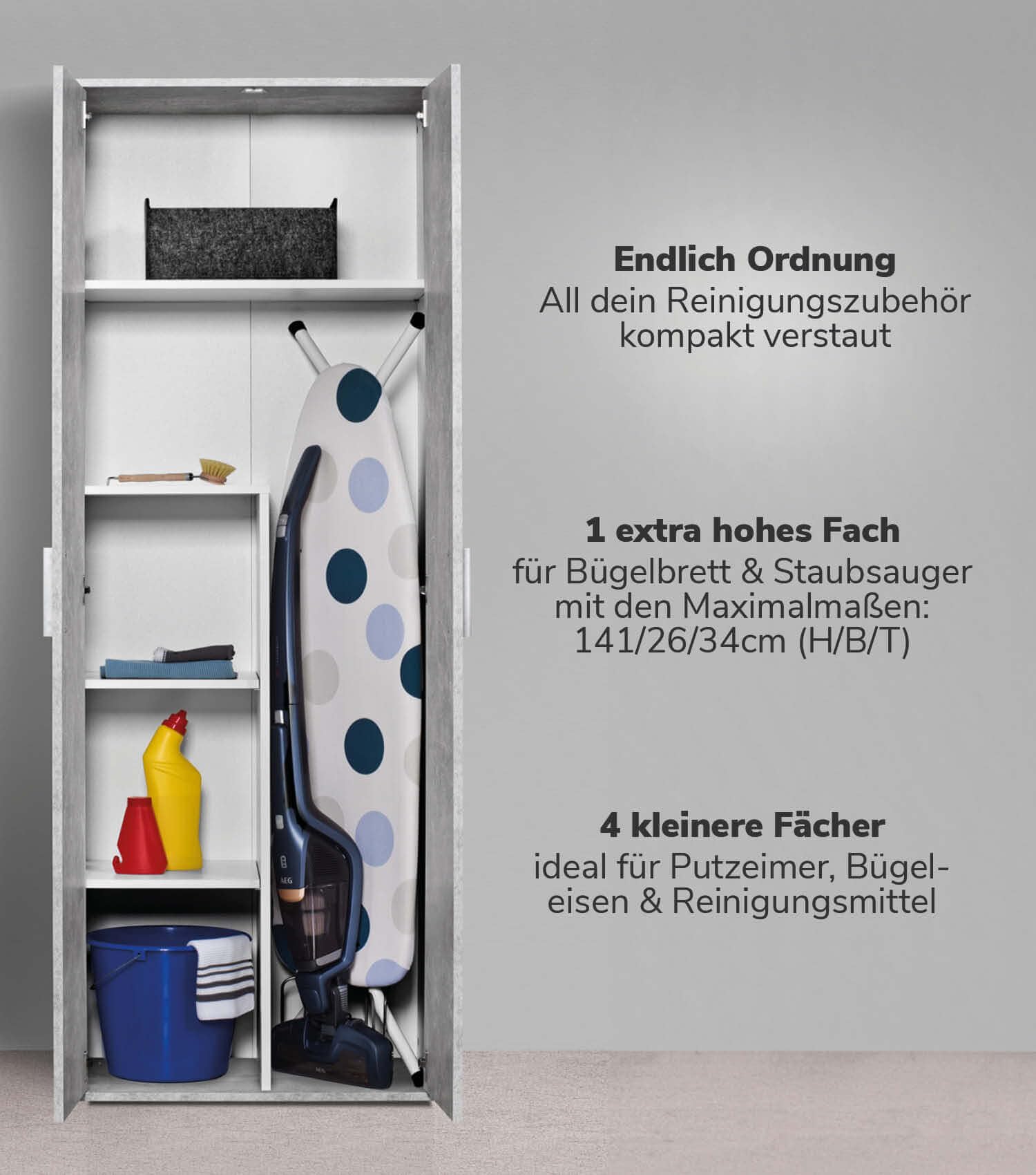 mokebo® Mehrzweckschrank Set 2-teilig 'Die Allzweckwaffe', Schrank-Set mit Aktenschrank & Besenschrank in Betonoptik BZW. Grau, auch als Moderne Wohnwand