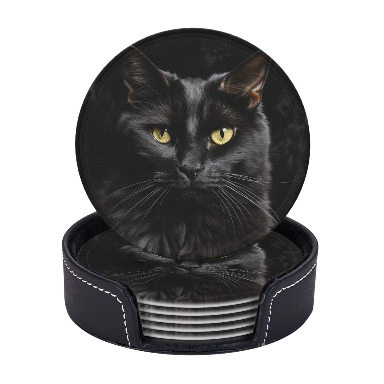 Round Coasters for Drinks Set of 6 - PU Leather Coasters with Holder - Modern Drink Coasters for Coffee Table - A Black cat on a Black Background Coaster for Tabletop Protection 4" Cup Mat Pad