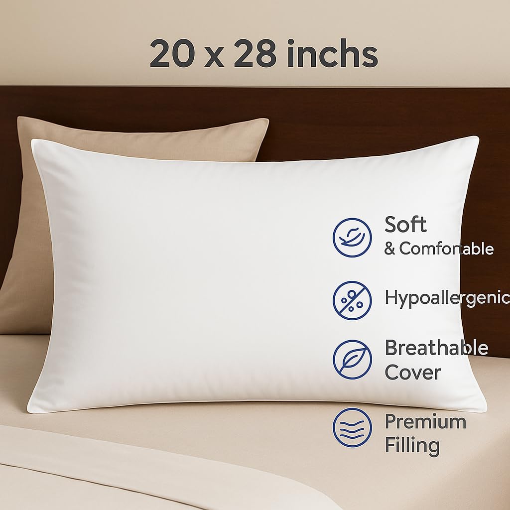 Bless Berries Set of 2 Premium White Standard Size Microfiber Pillow Insert – Soft, Fluffy & Adjustable Sleeping Pillow, Cushion Filler for Sofa, Bed, Couch & Home Décor (20x28, 2, Count) 1