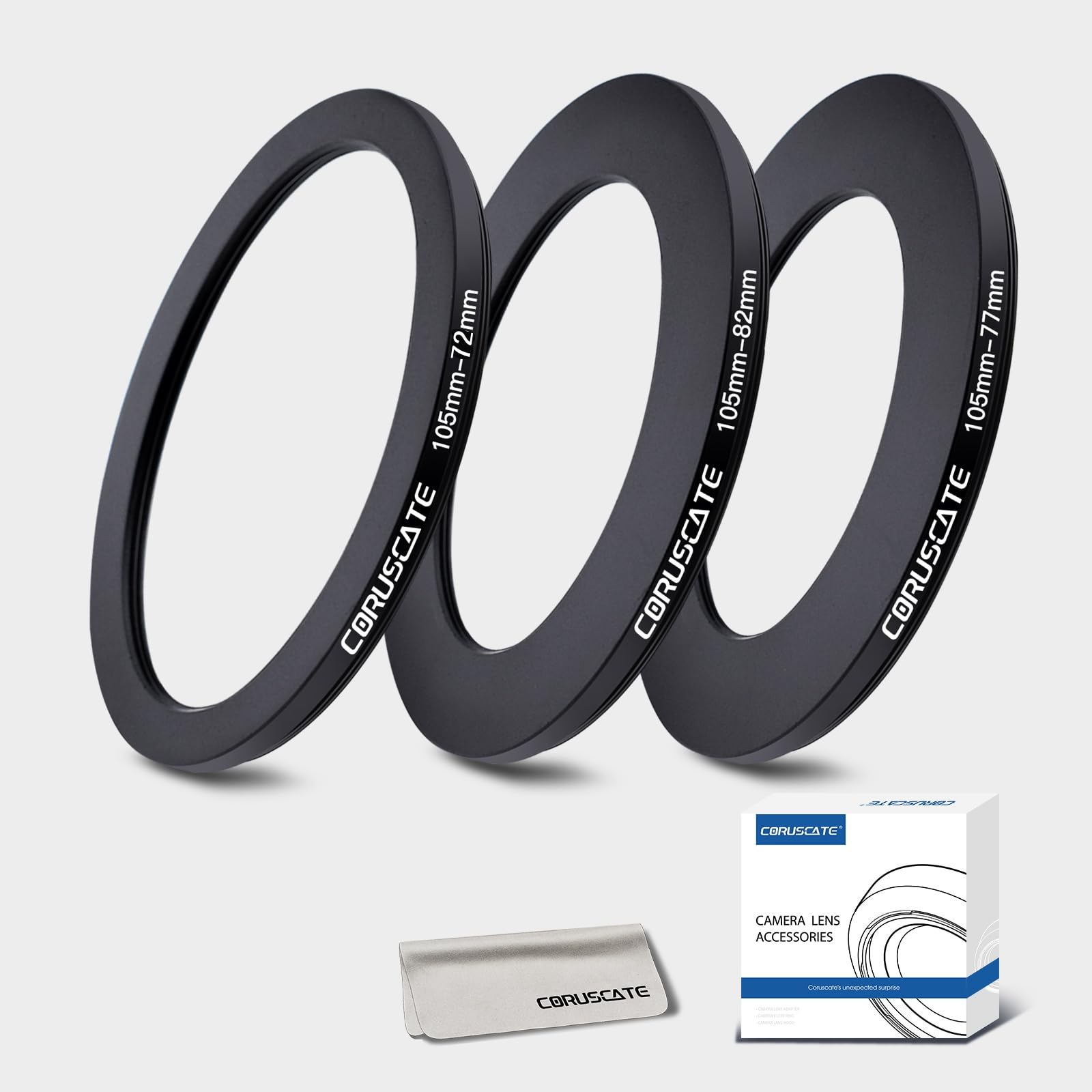 Set di 3 anelli filtranti da 105mm,Lo scopo è aumentare o diminuire il diametro della lente,Step-down Ring 105mm-95mm,105mm-82mm,105mm-77mm + panno per la pulizia dell'obiettivo