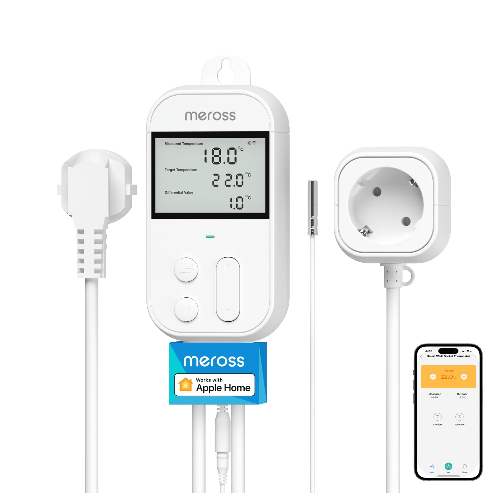 meross Meross Inteligente Enchufe Termostato con Sonda, 16A WiFi Controlador de Temperatura Digital para Acuarios, Incubación, Plantas de Invernadero, Compatible con Apple HomeKit, Alexa y Google Home