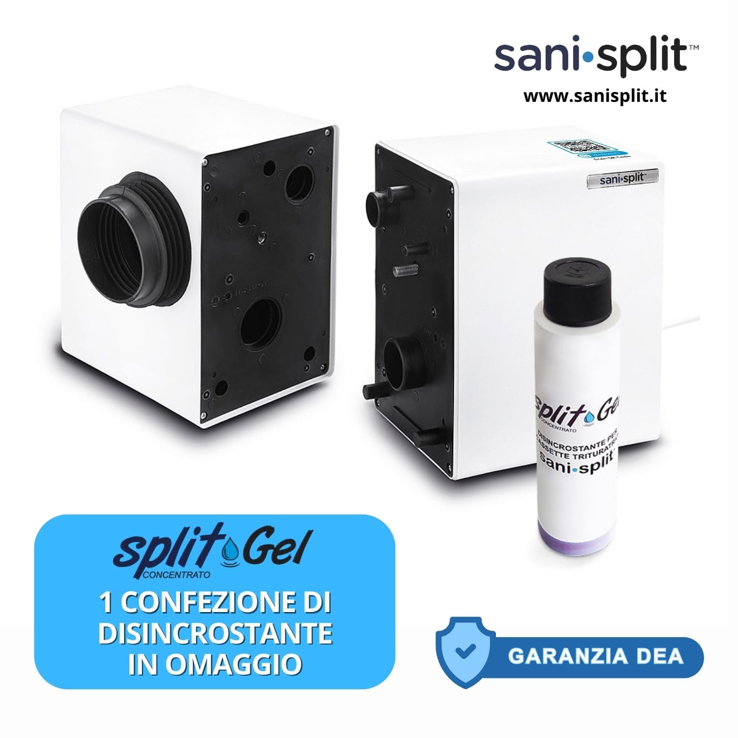 Trituratore WC Maceratore Sanitario SANISPLIT 3 WC Universale Bagno Pompa Scantinato Acque Reflue Nere e Grigie Water Lavabo Divisibile Garanzia Italia DEA con Split Gel Disincrostante