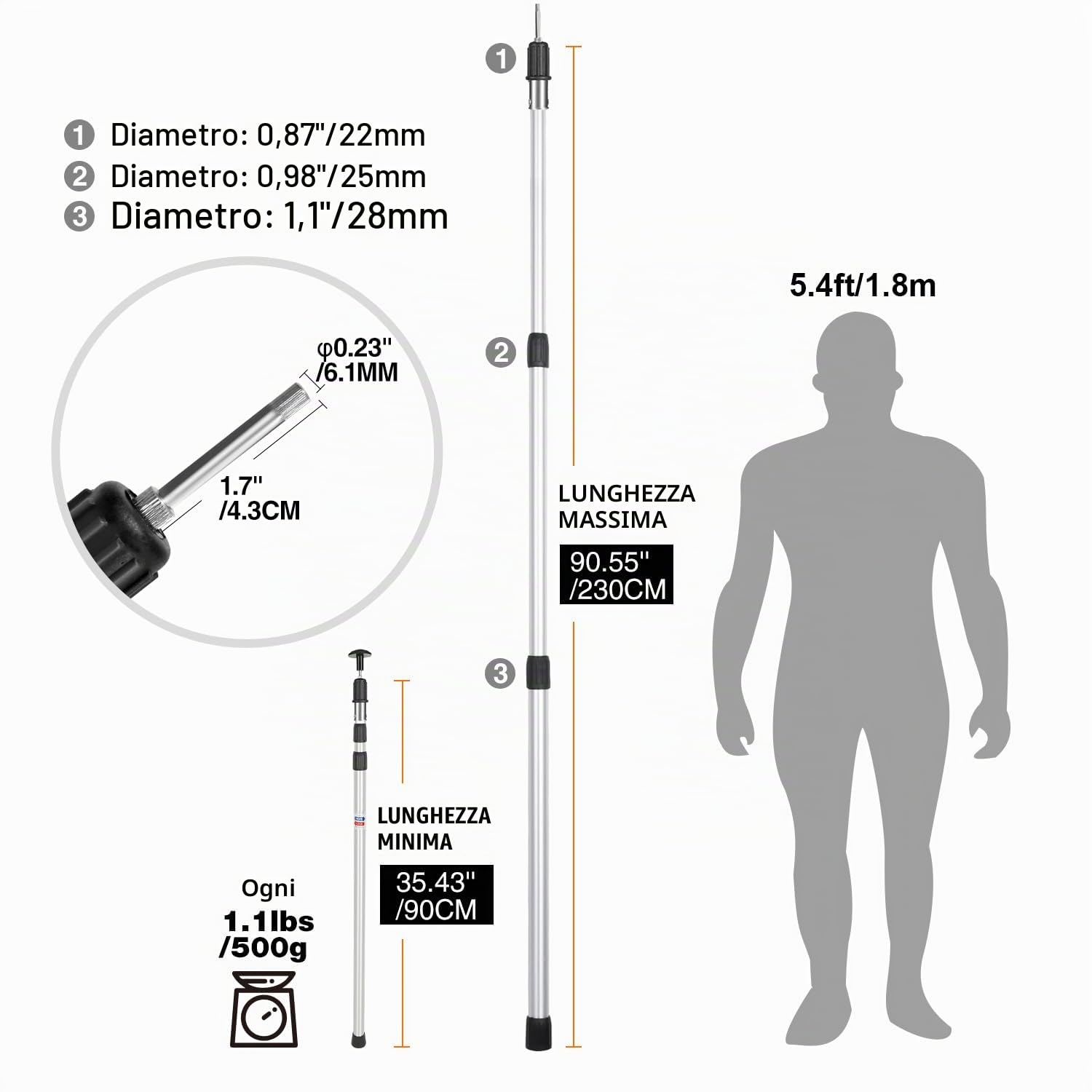 REDCAMP Set di 2 Pali telescopici in Alluminio, estensibili e Regolabili, per Tende da Sole, tettoia, Portico, Vele, telone per Altezza Altezza 2,3 m