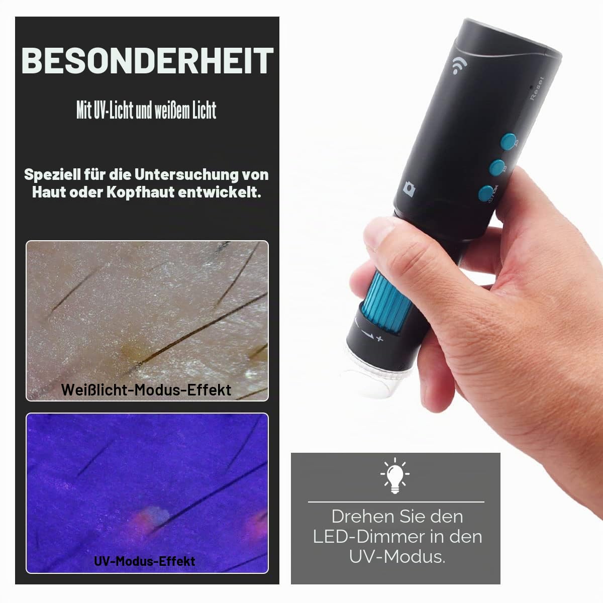 UV WiFi Wireless USB Digitales Dermatoskop für iPhone Android Mac Windows mit austauschbarem Akku (DM023B)