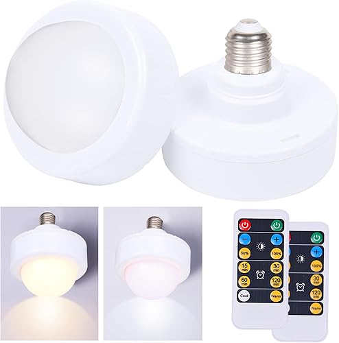 Jizmeyn Bombilla de base E26 con control remoto, paquete de 2 3 bombillas LED AAA alimentadas por batería, luz regulable de disco con temporizador