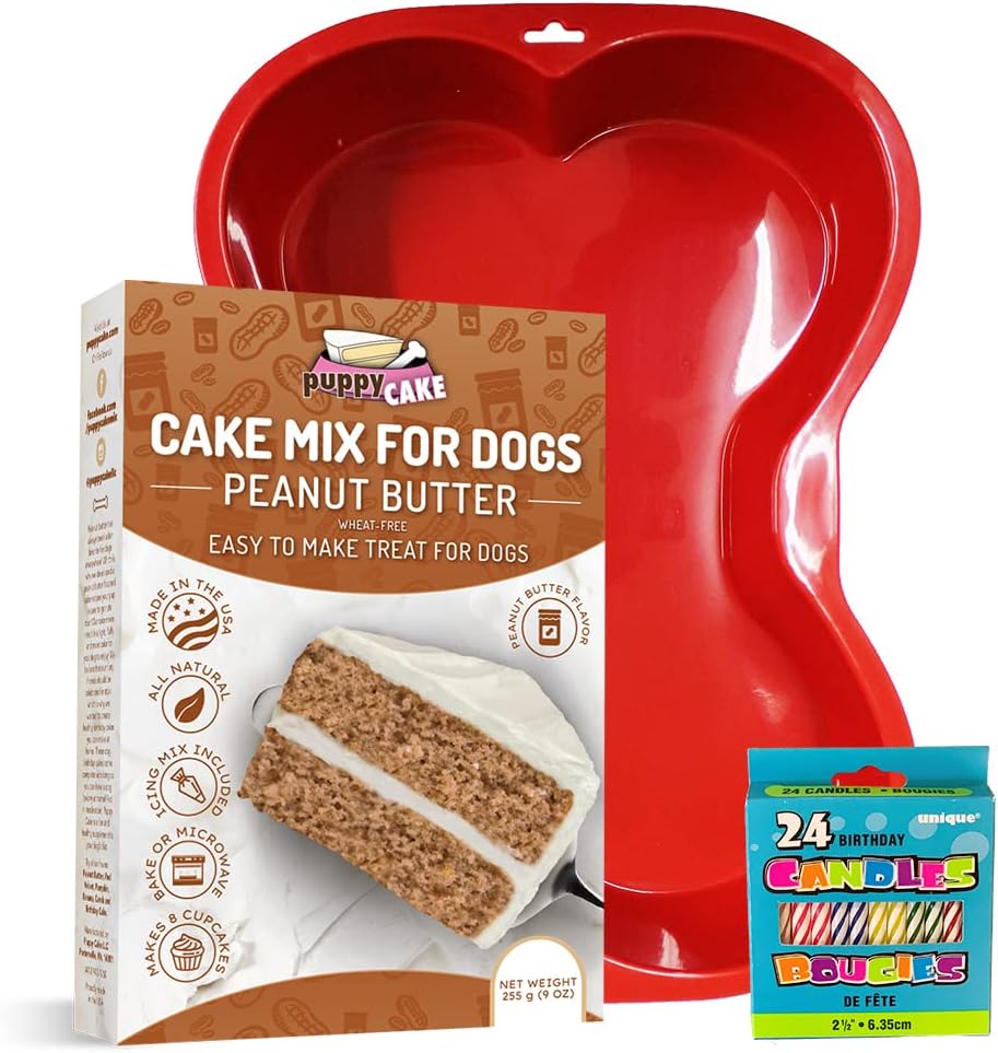 Puppy Cake Mix Dog Birthday Cake Kit, with Bone Silicone Pan and Candles (Peanut Butter, Red) Made in USA