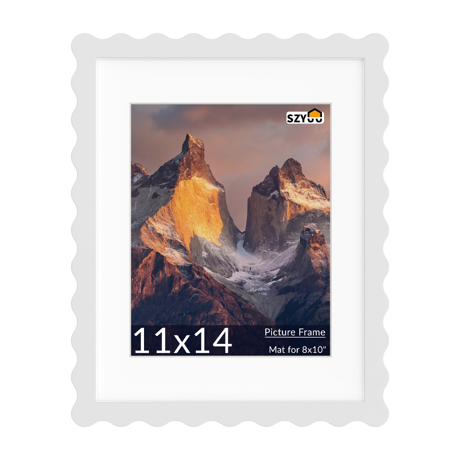 Photo 1 of SZYUU 11x14 Wavy Picture Frame with Mat for 8x10, Real Glass and Wooden? Frame - Tabletop or Wall Hanging Photo Frame(1 Pack, White)
