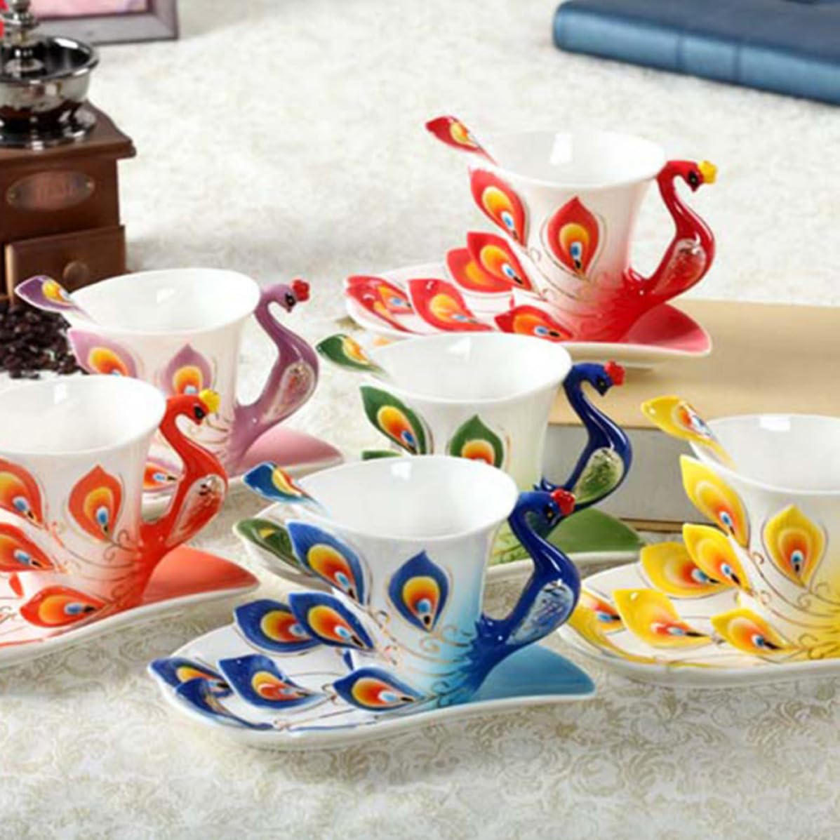 BESTOYARD Juego de Tazas de Café Color Amarillo Diseño Artístico Creativo de Cerámica Modernas Platillo y Cuchara Adecuado para Uso en Bodas y Hogar