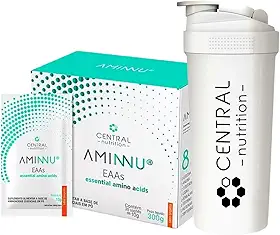 Aminnu - Aminoácidos - Sabor Tangerina - Caixa com 30 sachês de 10g - Central Nutrition + Coqueteleira Exclusiva