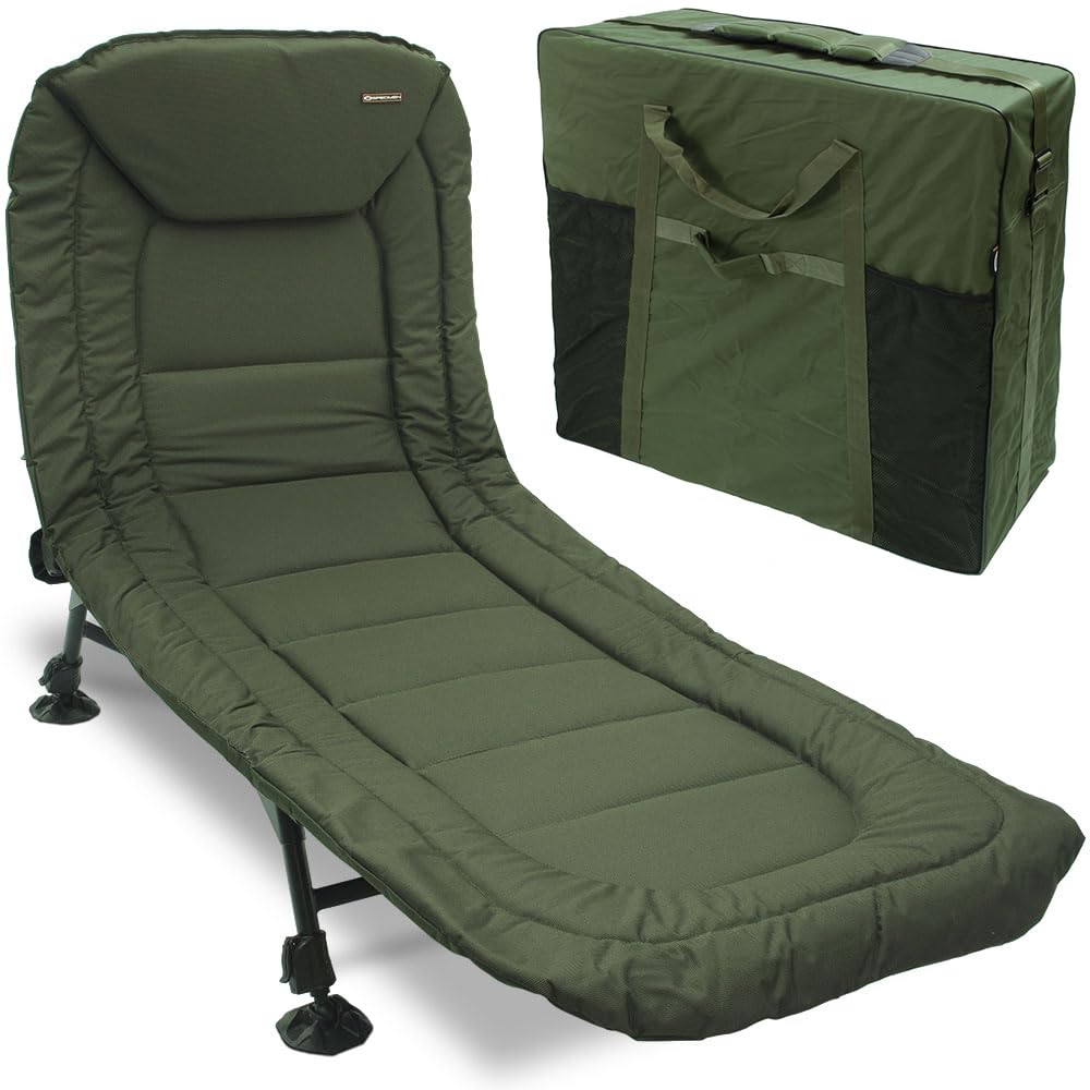 Fishing Bedchair Reclining Lightweight, Durable, Solid Back Support, Pillow,Spacious, Comfortable with Weather Resistant Carry Bag, Mud Feet Easy Transport Camping & Outdoor Sleeping Chair