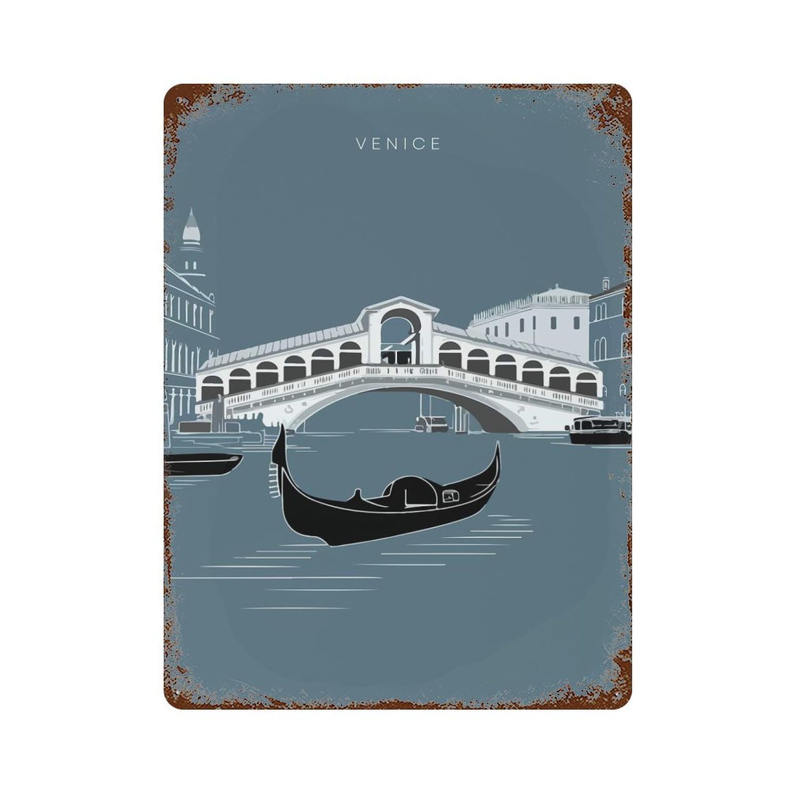 Rust Effect Tin Sign Venice Bridge & Gondola 15.7"x11.8", Vintage Wall Decor for Basement, Hobby Room And Garage Decor