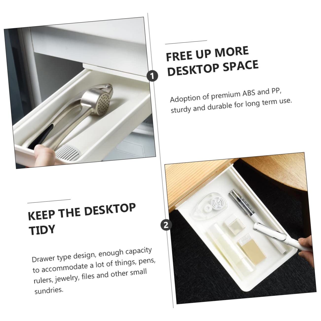 Homoyoyo 2 Cajas Organizadoras de Color Blanco para Debajo del Escritorio Diseño de Cajón, Material Abs y Pp Resistente, Capacidad para Bolígrafos y Pequeños Objetos, Ideales para Oficina