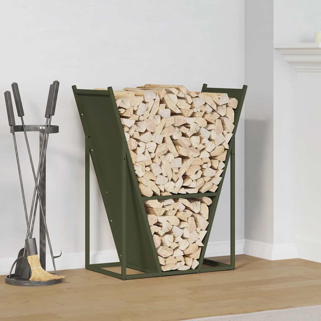 Brennholzregal Olivgrün aus kaltgewalztem Stahl 69,5x35x81 cm, Feuerholzständer mit großer Traglast, Holzkorb zur Scheitholzablage für Kamin, Ofen, Terrasse, Garten, Innen- und Außenbereich