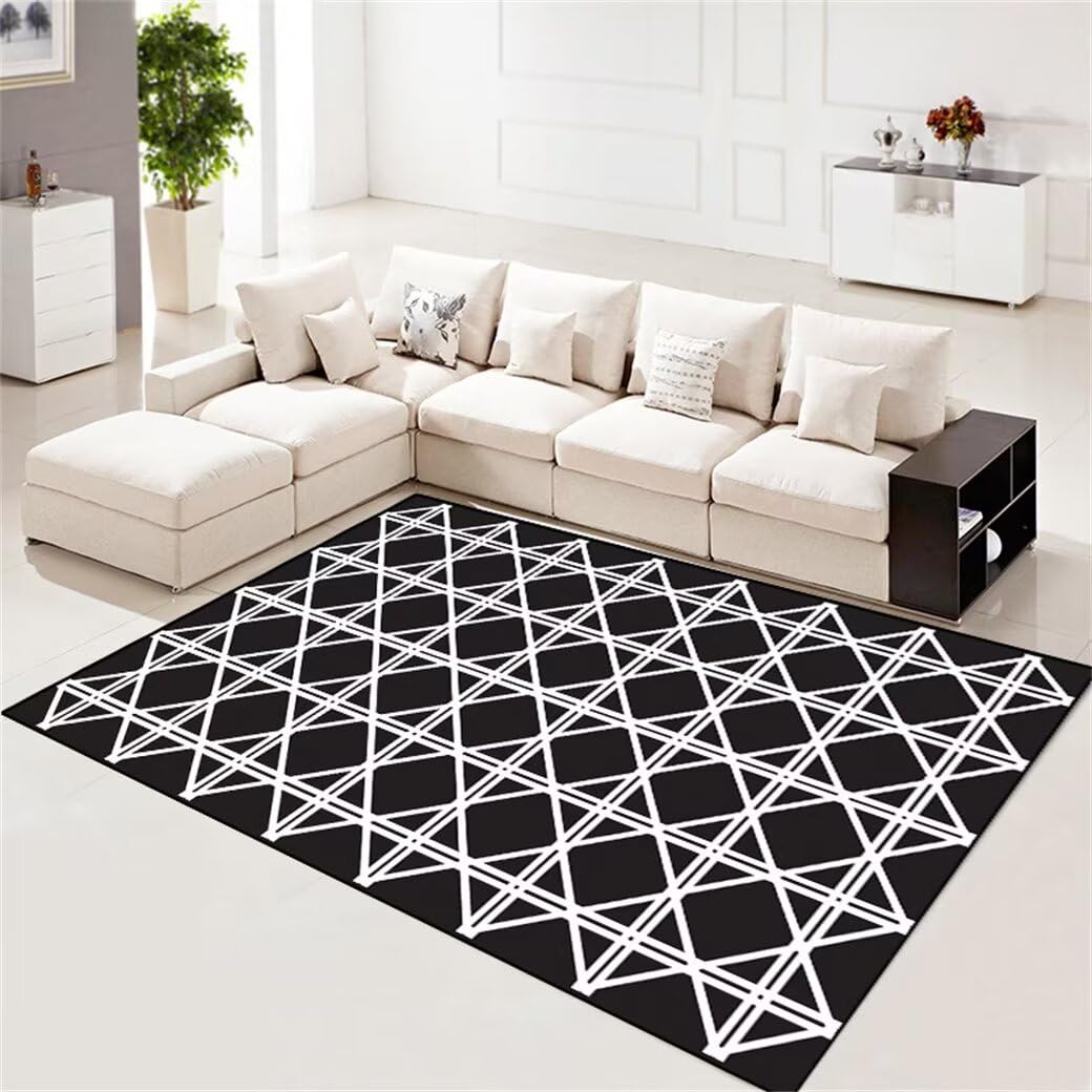 Tapis pour salon et chambre ado garçon 250x300CM à motif rayé moderne noir