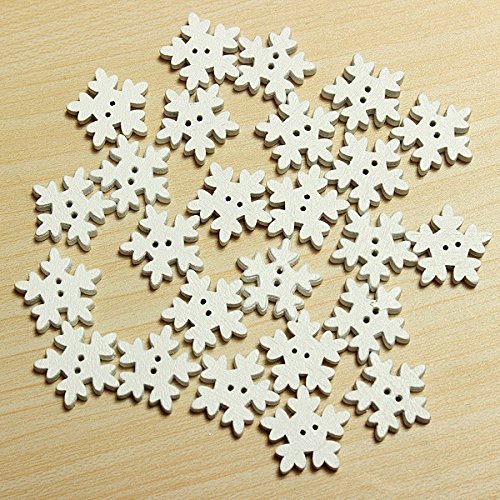 AiCheaX Lot de 25 Boutons de Noël en Bois Blanc avec Flocon de Neige 2 Trous