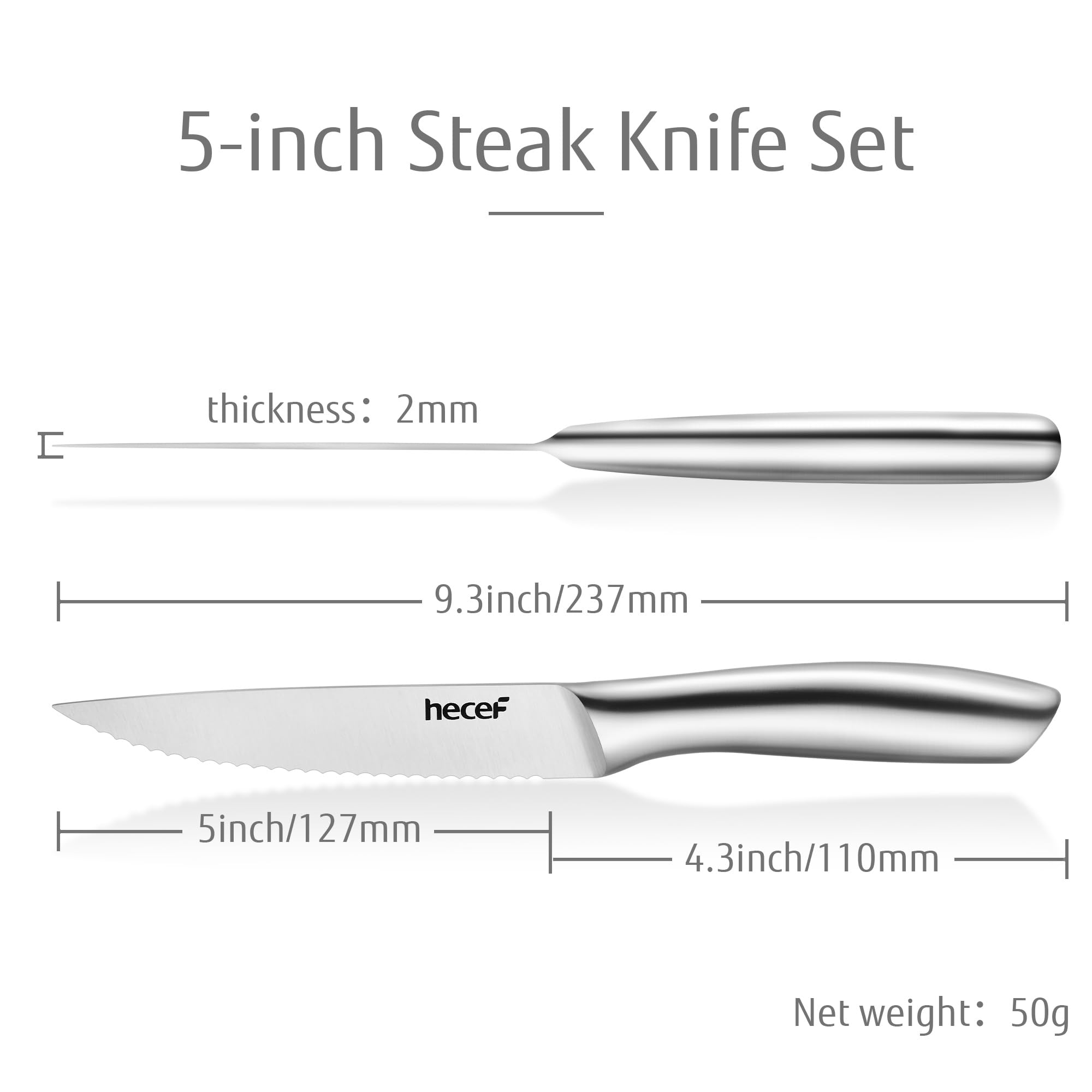 hecef coltelli da bistecca, set da 6 pezzi di coltelli da tavola affilati con lama seghettata e manico cavo ergonomico, coltello da carne in acciaio inox per bistecca e pane, 12,7 cm, argento