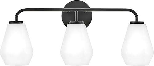 Lark Gio 85503BK - Accesorio de tocador de baño con tres luces, montaje arriba o abajo, persianas geométricas de ópalo enfundado, color negro