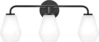 Lark Gio 85503BK Three-Light Bath Vanity Fixture, Mount Up or Down, Cased Opal Geometric Shades, Black