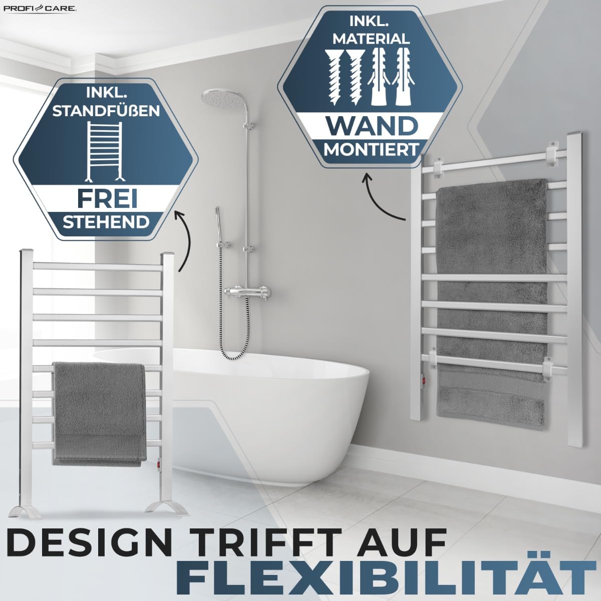 ProfiCare Chauffe-serviettes électrique | Porte-serviettes & sèche-serviettes pour salle de bain | incl. Matériel de montage & pieds | sans perçage | Radiateur silencieux | Câble de 1,5m | PC EHW 3115