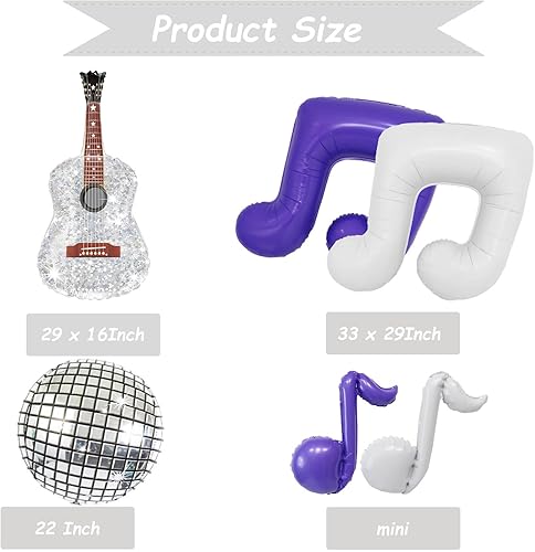 Miniatura 5 de Juego de 9 globos de notas musicales, globos de bola de disco iridiscentes 4D y globos de aluminio de guitarra para decoraciones populares de fiesta