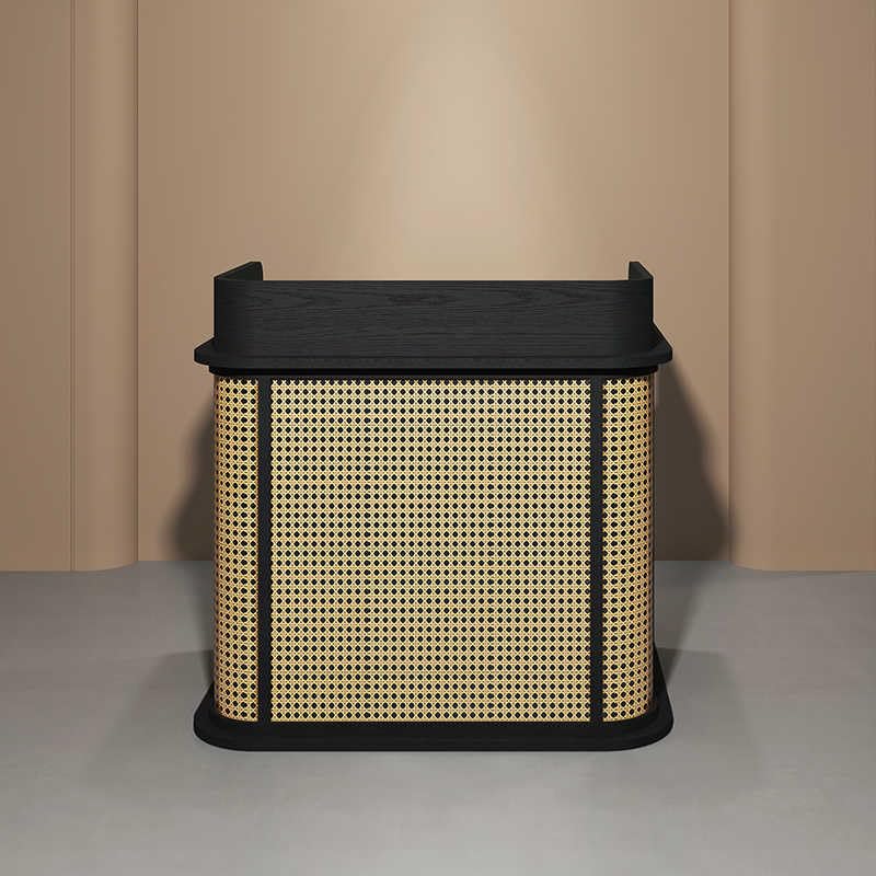 Comptoir de réception compact pour magasins – Bureau de caissier pour petites entreprises, bar d'entrée de restaurant, support de bienvenue moderne en rotin et bois