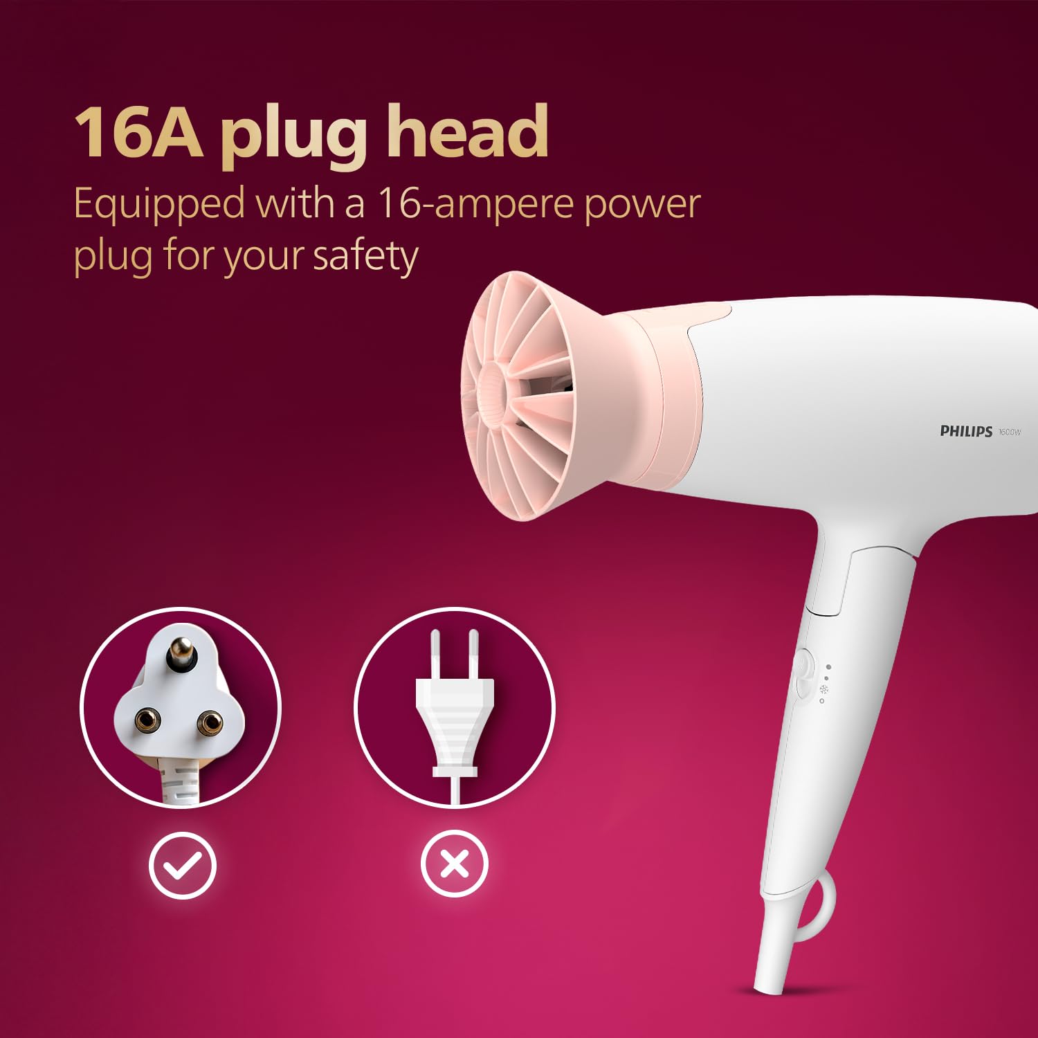 Philips Foldable Hair Dryer 1600 Watts| Powerful Salon-like Blow Drying with Less Heat | 3 Heat Settings with Cool Shot (Hot/Cool/Warm) | ThermoProtect Airflower Attachment- Pink | BHD308/30 - White | Perfect Blow Dry & Style for Men and Women | 2 years Warranty 3