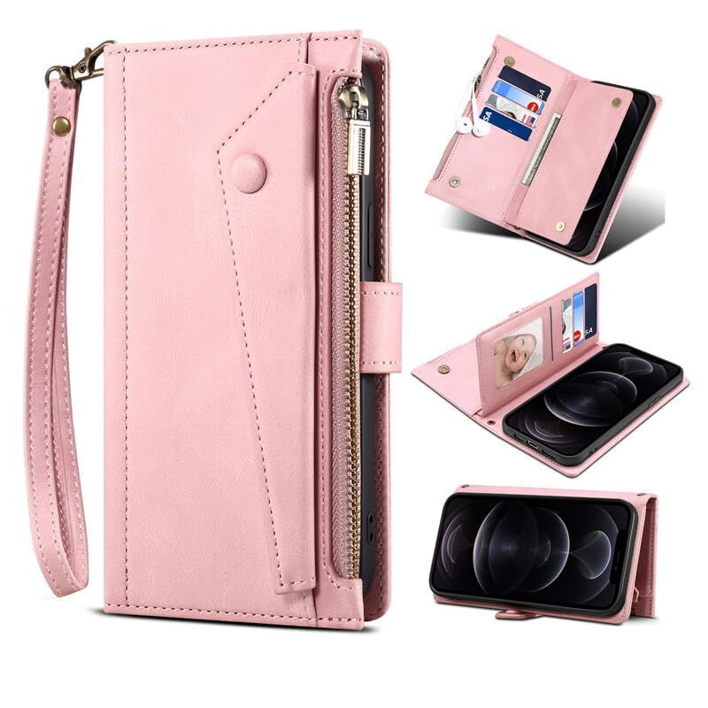 Étui portefeuille Google Pixel 9A or rose protection rabat cuir avec fentes cartes et zip