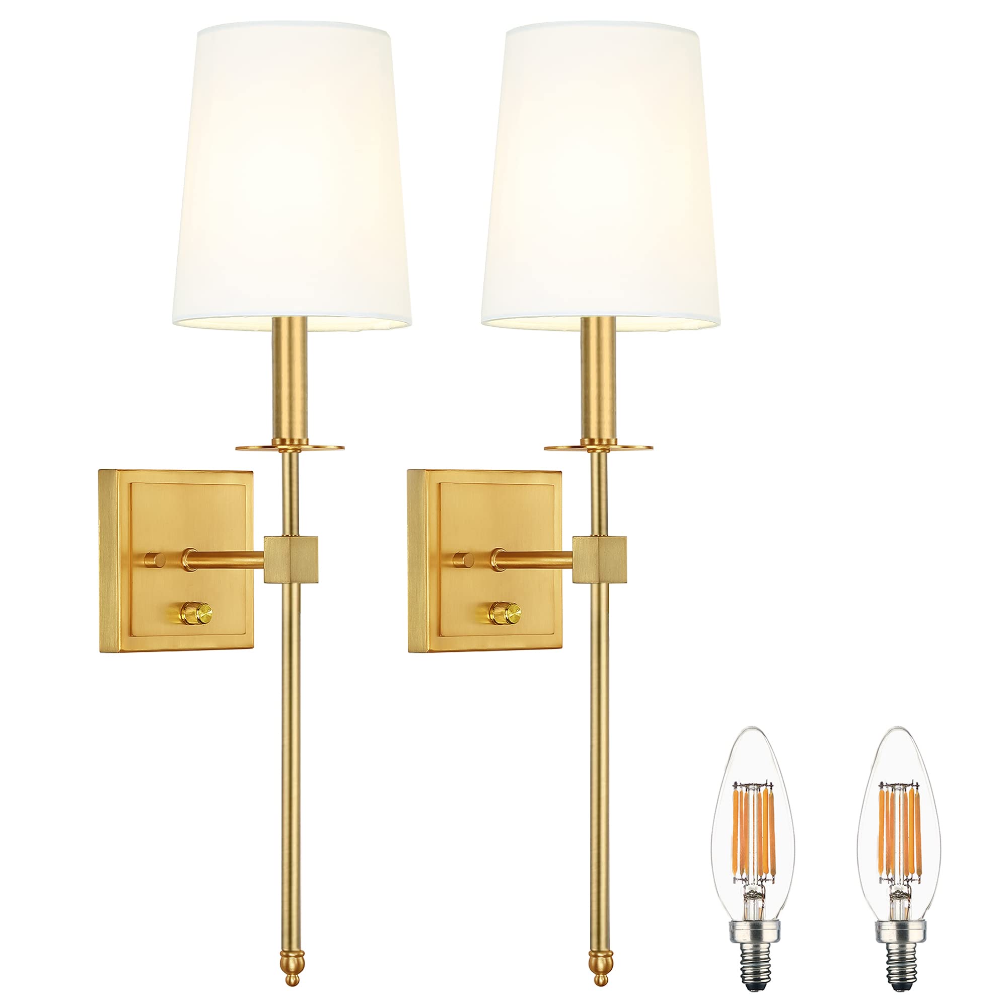 Untrammelife Gold Wall Sconces Set of Two, Farmhouse Sconces Wall Lighting with Dimmer ON/Off Switch, Industrial Hardwired Wall Lamps for Bedrooms, Living Room, Bathroom, Vanity (Bulbs Included)