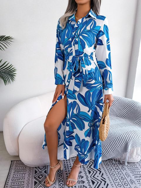 Gufrina Women's Full Sleeve Collar Neck Western Dress - Floral Print Maxi Dress with Slit and Tie-Up Belt (Blue XL) 4
