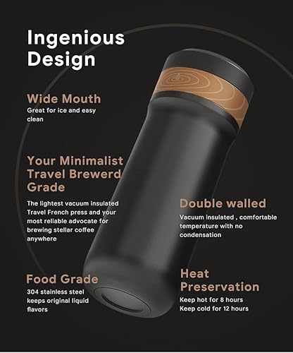 Miniatura 6 de HAILASRE Cafetera portátil de prensa francesa de viaje, taza de café de acero inoxidable, 12 onzas, ideal para acampar y viajar