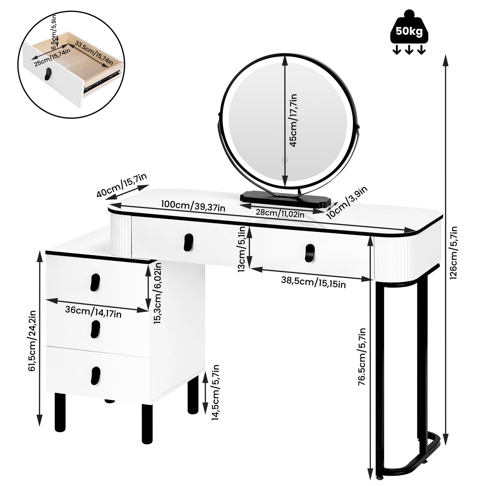 WOLTU Schminktisch mit Spiegel LED & Beleuchtung, 3 Lichtfarben, Moderner Frisiertisch mit 5 Schubladen, 2-in-1 Schreibtisch, Flexibler Unterschrank, für Schlafzimmer, auz Holz, in Weiß+Schwarz