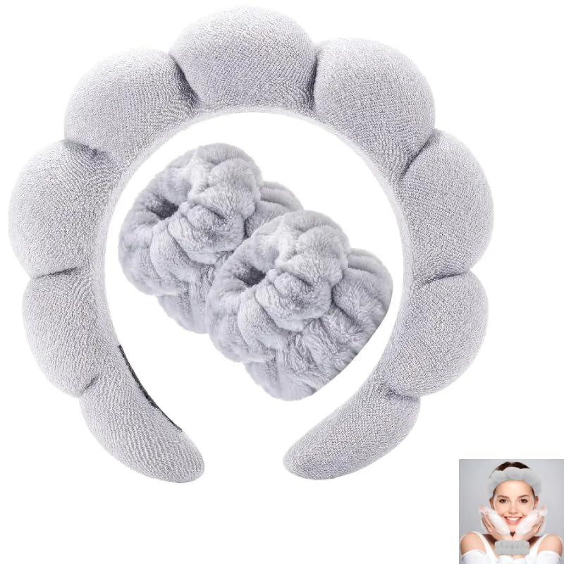 Set diadema spa y muñequeras de rizo suave para maquillaje y rutina facial, banda para el cabello absorbente unisex, accesorio de belleza antisalpicaduras, Unisex - Gris