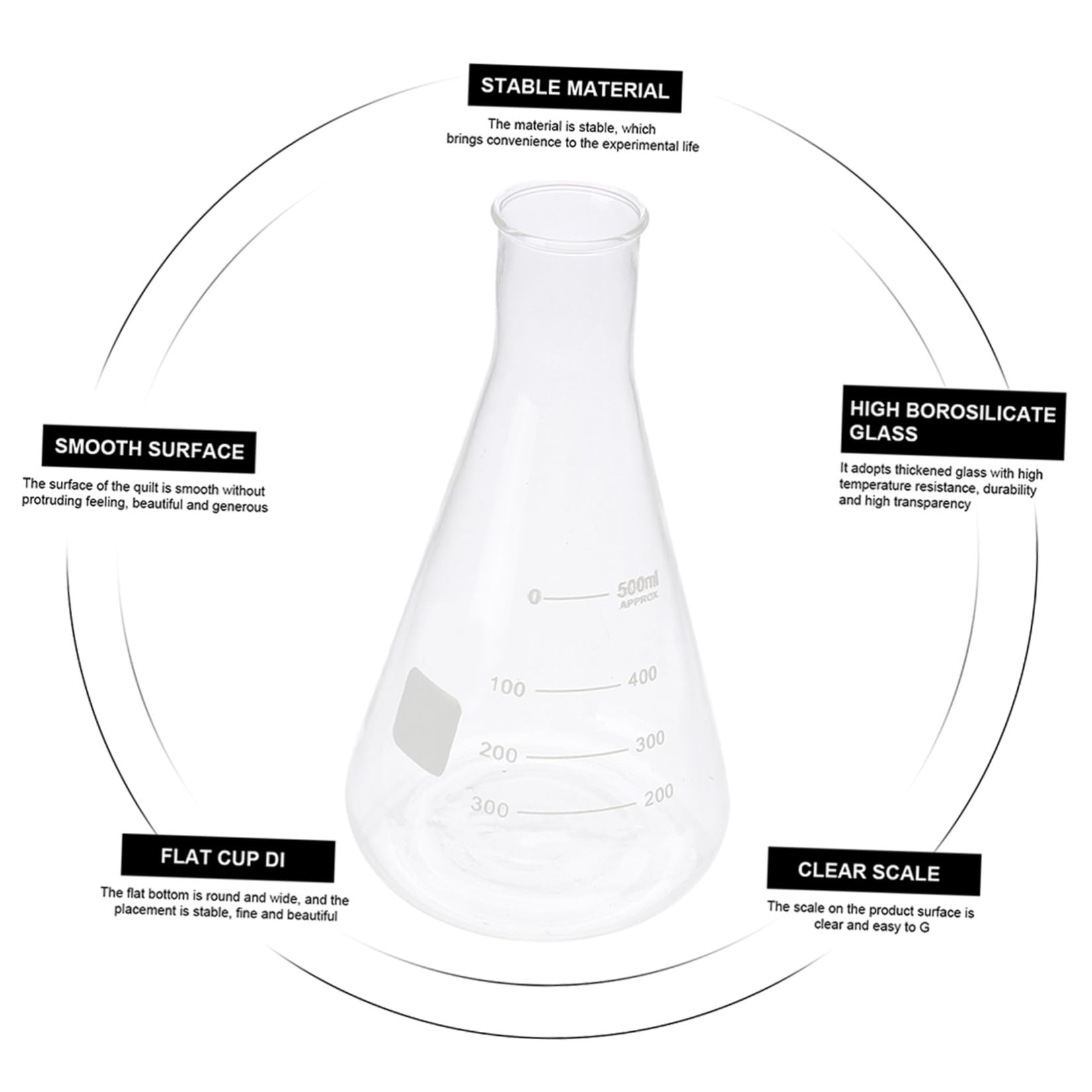 KOMBIUDA Matraz Erlenmeyer Cónico de Vidrio de Borosilicato 500 Ml, Set de 4 Piezas Espesado para Cristalografía de Laboratorio, Herramienta para Experimentos Escolares y Estilo Aleatorio