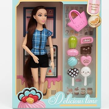 Delicious Time Fashion Doll Set with Dessert Accessories, 29cm Doll in Blue Plaid Top, Black Shorts, Pink Lucky Bag, Cake Pops and Sweets